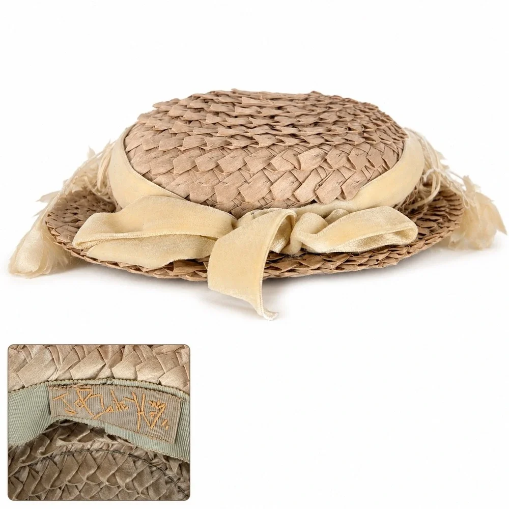 Jo Bailey Vintage Straw Pillbox Hat Velvet Bow Floral Tassels Tan Women